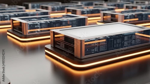 Multiple futuristic servers with glowing orange lights in a modern data center