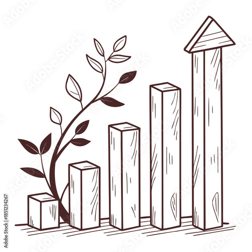 Wooden bar graph with growing plant wooden bars growth