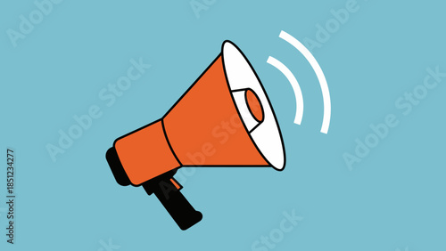 Orange megaphone icon with sound waves on blue background, announcement concept