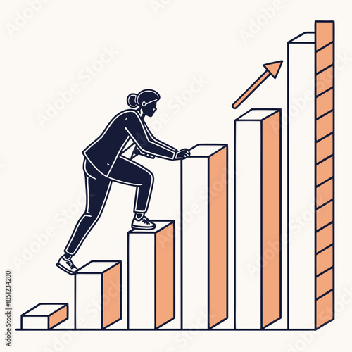 Woman climbing orange and white bar graph with arrow