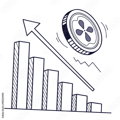 Digital coin hovering above declining bars graph cryptocurrency