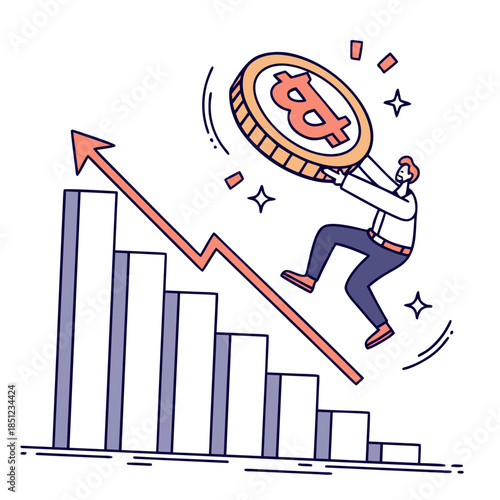 Man jumping with large coin above rising bars graph