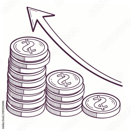 Stack of coins with dollar symbols and rising arrow