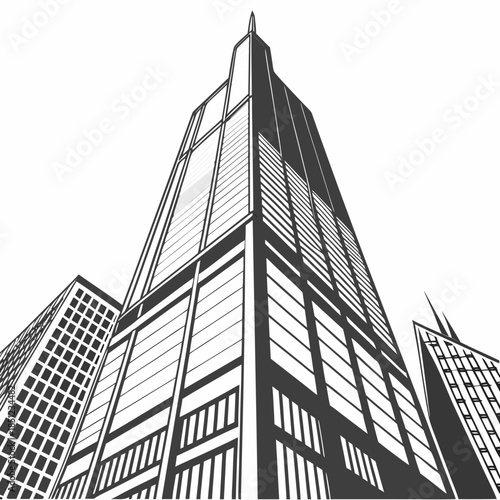 Black and white of skyscraper with sun flare at building