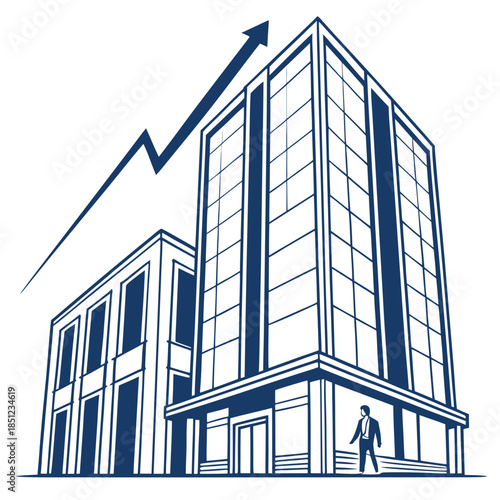 Blue line of glass financial building with rising graph and businessman