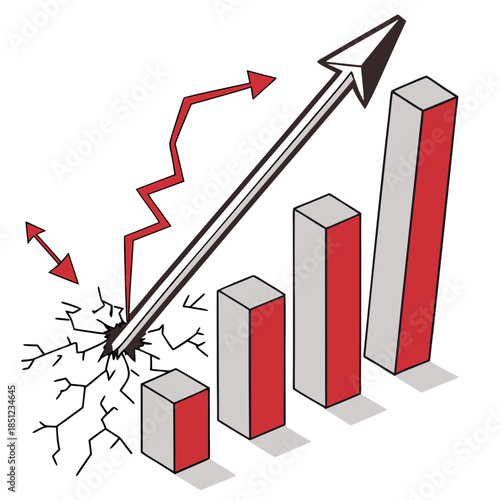 Dynamic arrow breaking through 3d bars on white background