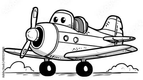 Cute cartoon propeller airplane illustration. Vintage aircraft for kids, coloring books, and educational content. Black and white drawing.
