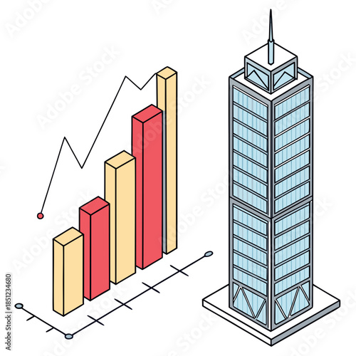 3 D bar graph and modern skyscraper side by side 3D bar graph