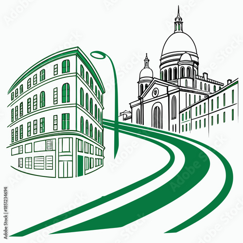Green line flowing between buildings in curved line