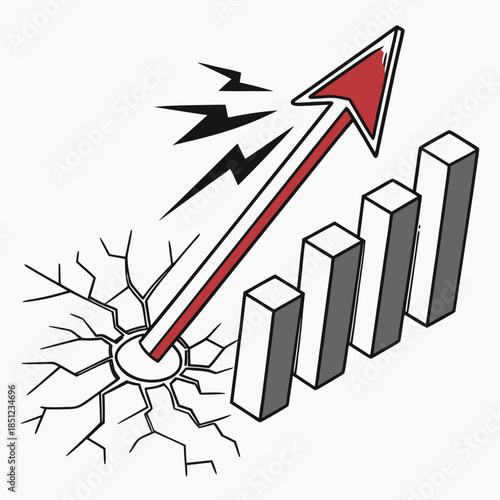 Red arrow breaking through 3d gray bars on white background