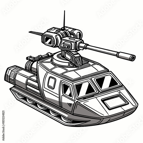 Metallic hover defense vehicle with cannon and turret