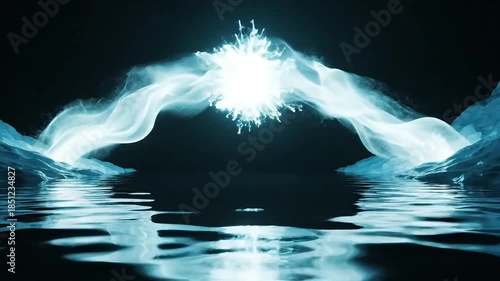 Mysterious glowing blue arch reflected in dark water at night