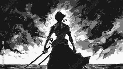 Digital illustration of a powerful warrior silhouette, dual-wielding swords against an intense, glowing, smoky background