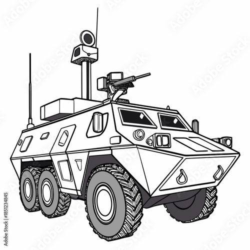 White hybrid electric military vehicle with gun turret and satellite dish