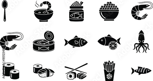 Minimalist Seafood Icons Silhouette Pack Vector