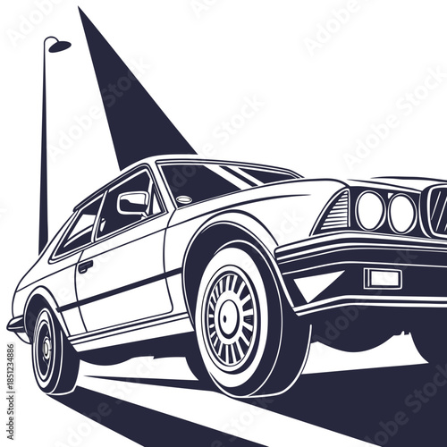 Black and white of a car from the front angle under harsh lighting