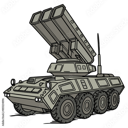 Futuristic defense vehicle with circular tires and missile launcher