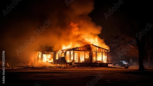 Fire consumes a wooden house at night causing bright flames and smoke to fill the air while nearby structures and trees remain illuminated by the fire's glow
