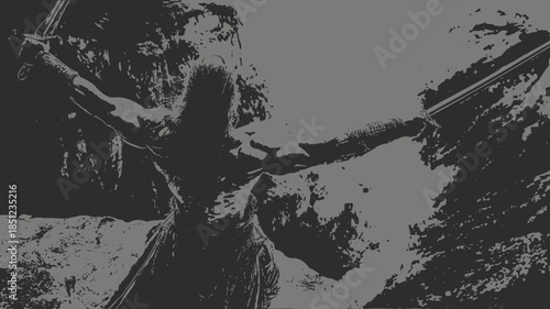 Monochromatic depiction of a strong, stoic figure holding two staffs with outstretched arms in a dramatic, dark setting.