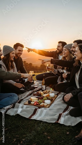 Friends enjoy stunning sunset picnic with wine and cheese platter, pointing to view, creating joyful memories together in beautiful scenic outdoor landscape