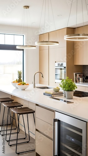 Modern kitchen design featuring a sleek island with stylish stools, pendant lighting, and natural wood cabinets, offering a bright and inviting space