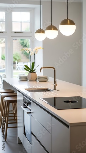 Modern kitchen interior design featuring sleek countertops, elegant lighting, and a bright open space perfect for contemporary living and stylish home decor
