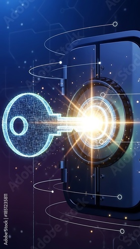 Unlock digital security solutions for your business with this professional graphic of a key opening a secure vault, protecting data and assets online