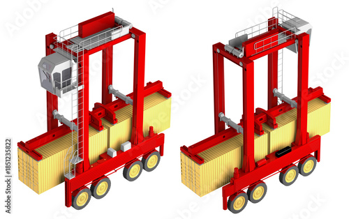 Tableau sur toile Dual views of a red straddle carrier transporting a yellow shipping container, heavy duty terminal machinery for intermodal freight handling, 3d rendering