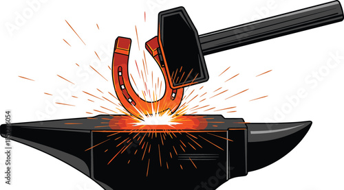 Blacksmith forging red hot iron horseshoe on anvil with hammer and orange sparks vector illustration for industrial metalwork.
