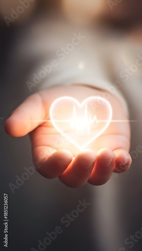 Give your heart to health with this luminous heart and pulse trace in gentle hands, representing care, vitality, and hope for a brighter future