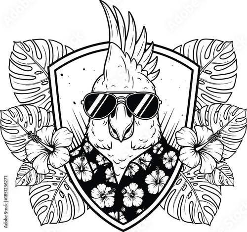 Cool cockatoo parrot wearing sunglasses and Hawaiian shirt with tropical hibiscus flowers and monstera leaves vector illustration.
