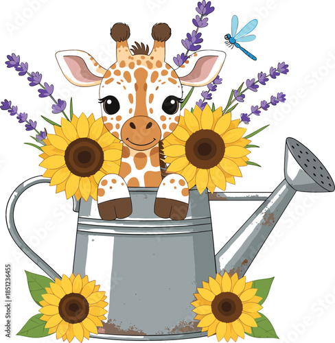 Cute baby giraffe in watering can vector illustration with yellow sunflowers and lavender flowers for nursery room decor.