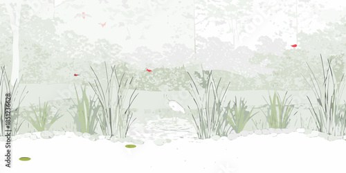 A serene watercolor scene of a snowy landscape with birds and a heron