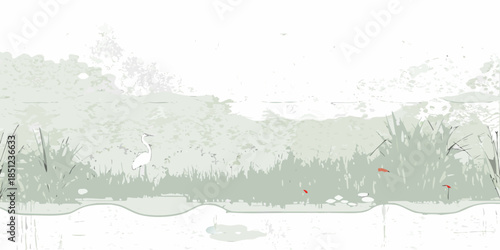 A serene landscape featuring a bird in a grassy wetland environment