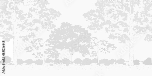 A grayscale landscape featuring a line of trees and open fields