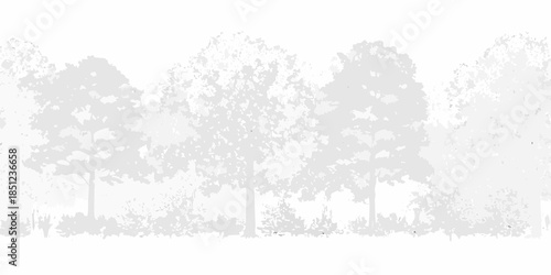 A grayscale depiction of a forest scene with silhouetted trees