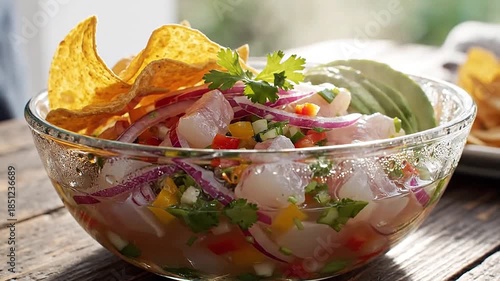Vibrant ceviche with fresh fish and colorful vegetables in glass bowl