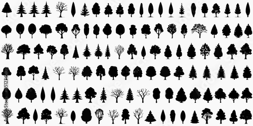 Collection of various black silhouette trees and foliage in a grid pattern