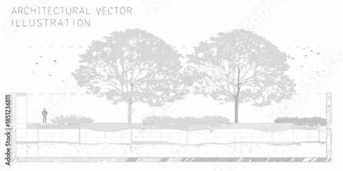 Architectural landscape illustration depicting trees a person and a ground section