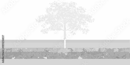 A grayscale illustration of a solitary tree near a textured shoreline