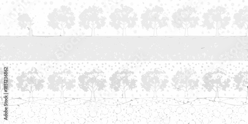 A minimalist winter landscape with silhouetted trees and falling snow