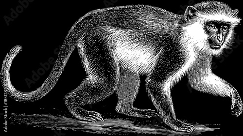 Detailed vintage black and white engraving of a monkey walking, isolated on a dark background. Zoological illustration of an animal.