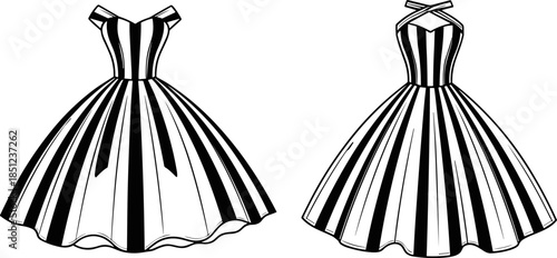 Striped dress sketch, fashion illustration, off-shoulder halter design, black white pattern, flared skirt silhouette, formal wear template, garment drawing