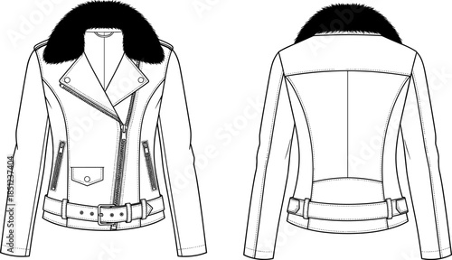 Biker jacket sketch, fashion illustration front back, fur collar design, asymmetrical zip style, garment template, women’s outerwear drawing