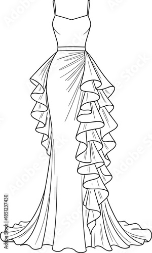 Evening gown sketch, fashion illustration, ruffle side detail, sweetheart neckline dress, formal wear template, elegant garment drawing, red carpet design