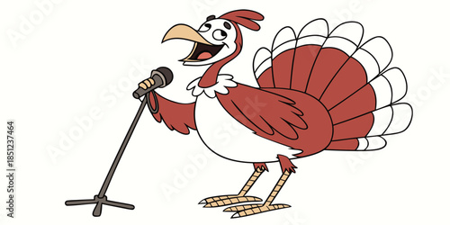 Singing Turkey at Microphone Isolated on White – Funny Thanksgiving Bird Character, Singing Animal Illustration, Music Performance, Humorous Holiday Concept