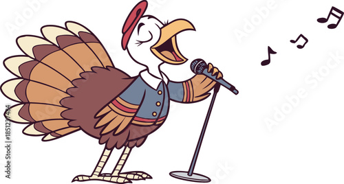Singing Turkey at Microphone Isolated on White – Funny Thanksgiving Bird Character, Singing Animal Illustration, Music Performance, Humorous Holiday Concept