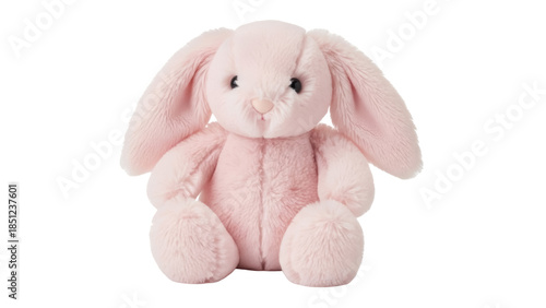 Adorable pink bunny plush toy PNG isolated on transparent background, soft stuffed animal for kids and baby room decor