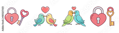 Love birds and locks with keys on white background