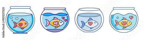 Four fish bowls with different fish swimming inside